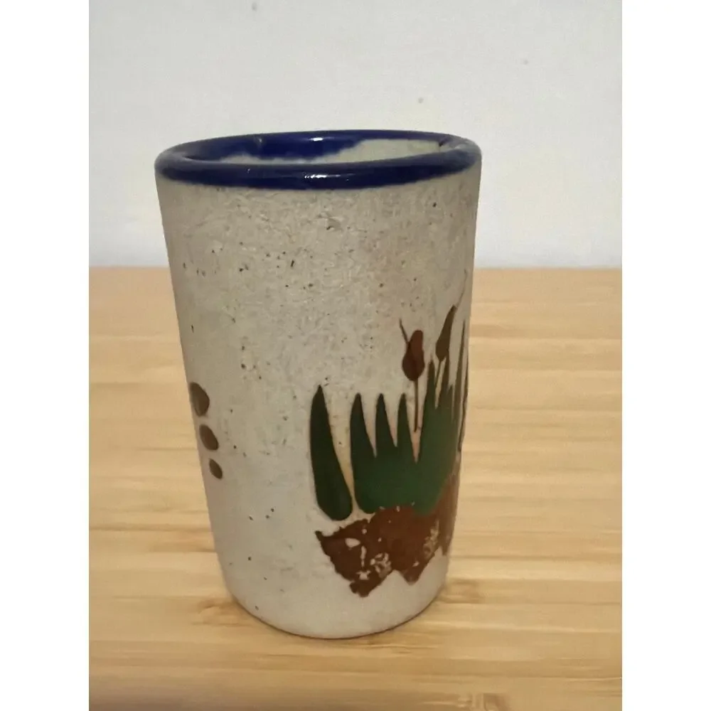 Vintage Mexico Pottery Frog Cup Hand Painted Cattails Folk Art 3”